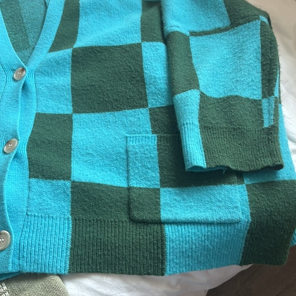 Dress in Lala Blue and Green Checkered Cardigan - Picture 5 of 9